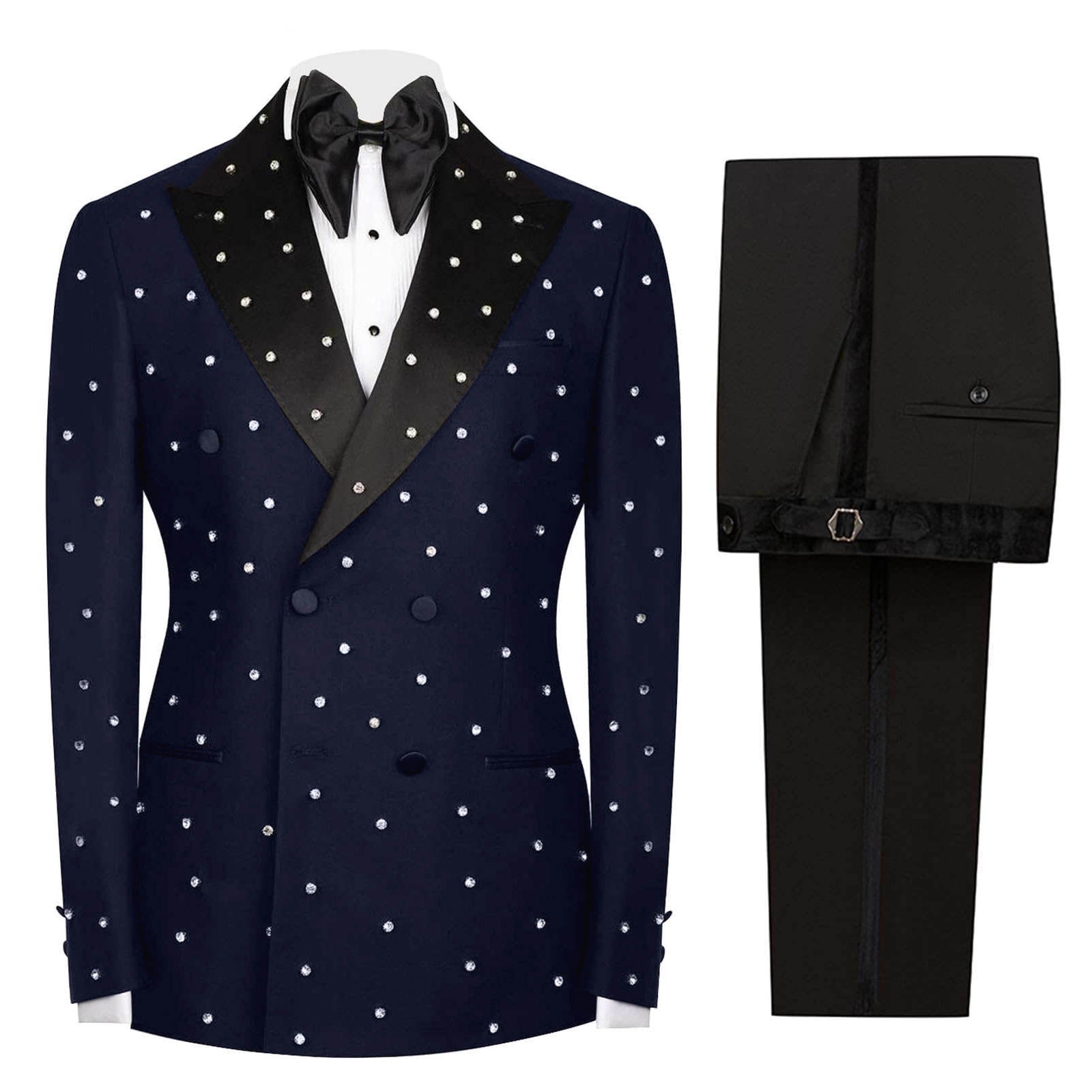 Mens 2 Pieces Suit Slim Fit Double Breasted Tuxedo Blazers Pants Outfit with Handmade Crystal Rhinestone