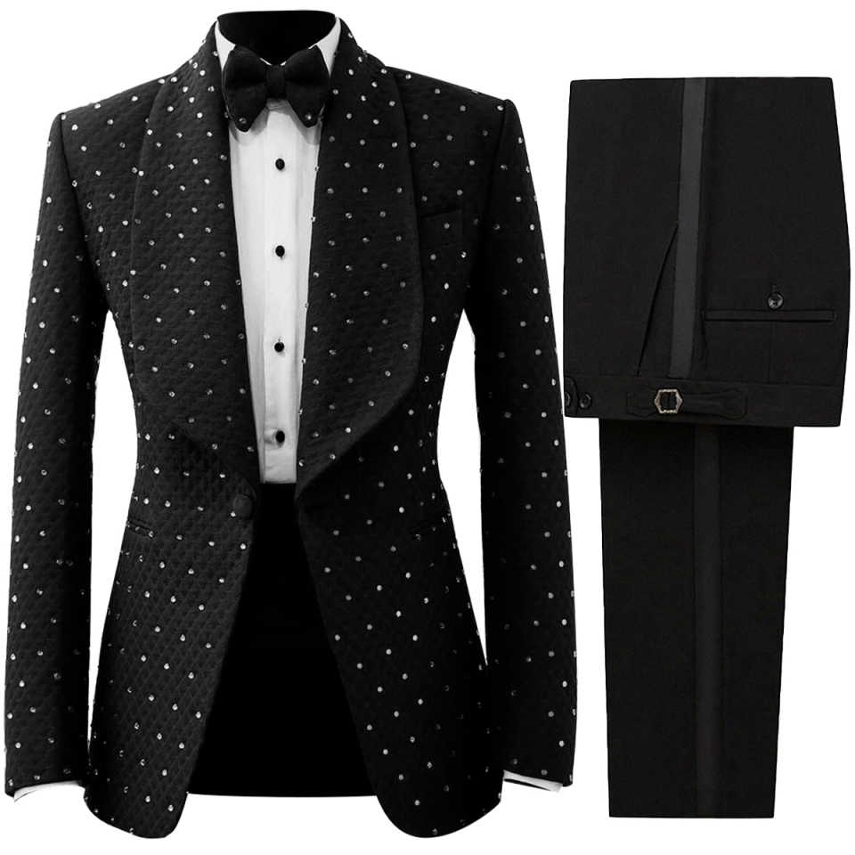 Men's 2-Piece Slim Fit Rhinestone Shawl Lapel Tuxedo Set: Jacket & Pants for Proms, Parties & Banquets