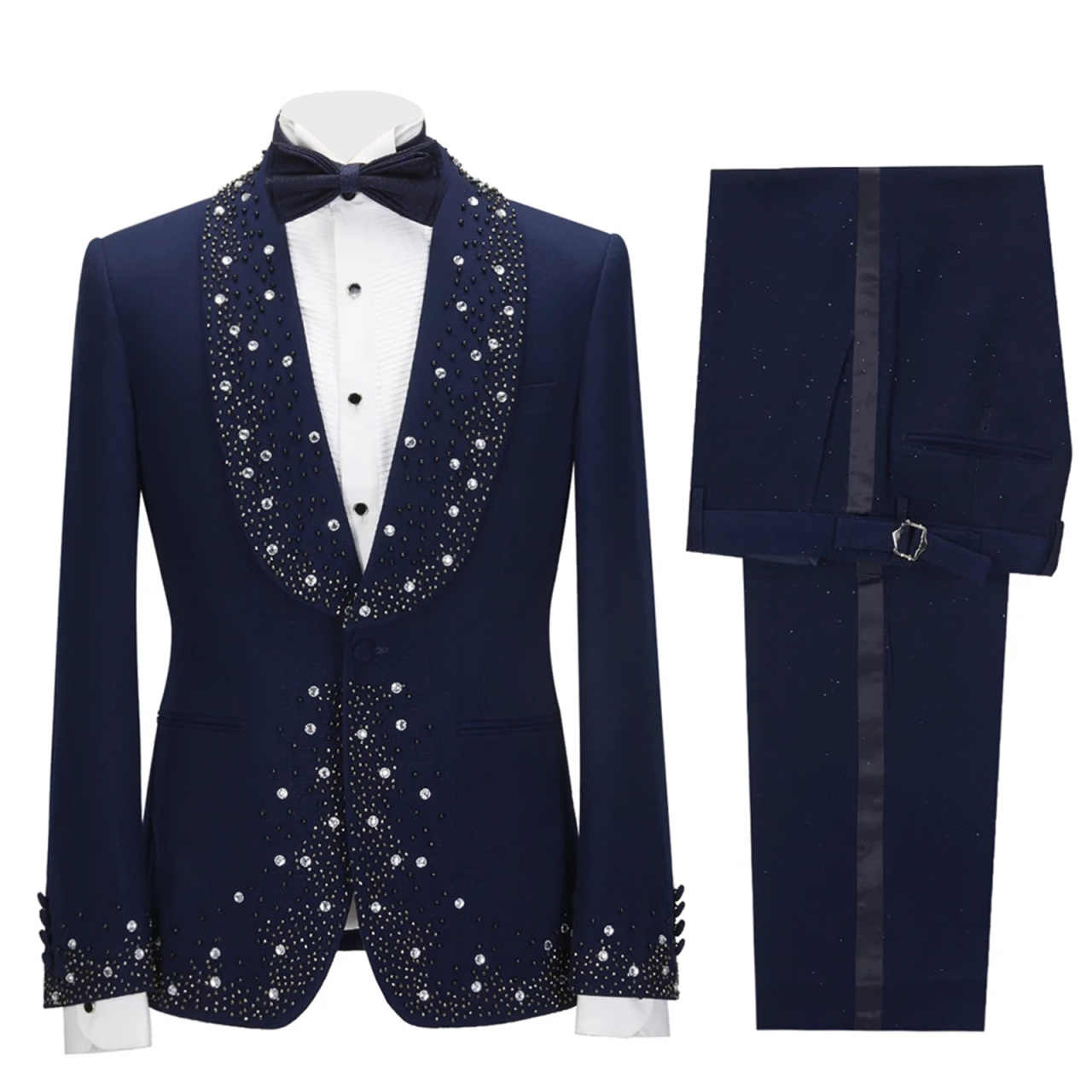 Rhinestone Embellished Unisex Blazer, Luxury Shawl Lapel Single Button Slim Fit Suit Jacket for Wedding & Banquet