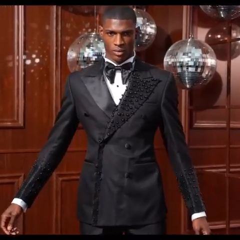 Men's Luxury Tuxedo Slim Fit Wedding Groom Men Black and Gold Sequin Peaked Lapel for Prom Party Dinner