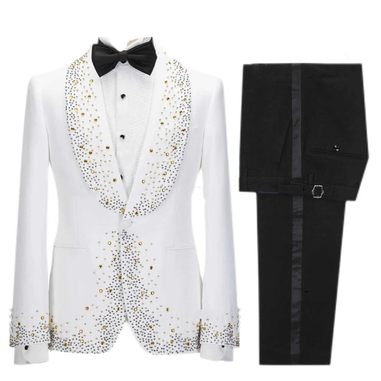 Rhinestone Embellished Unisex Blazer, Luxury Shawl Lapel Single Button Slim Fit Suit Jacket for Wedding & Banquet