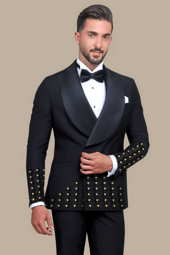 Men's Luxury Rhinestone Embellishments Tuxedo Blazer Shawl Lapel Double Breasted Prom Banquet Party Formal