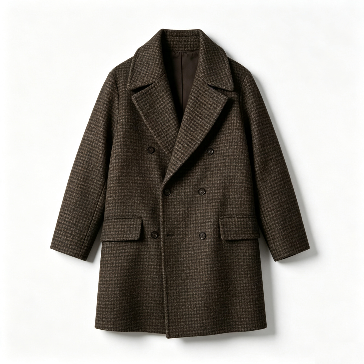 Houndstooth Wool Overcoat Double-Breasted Casual Office Winter Tweed