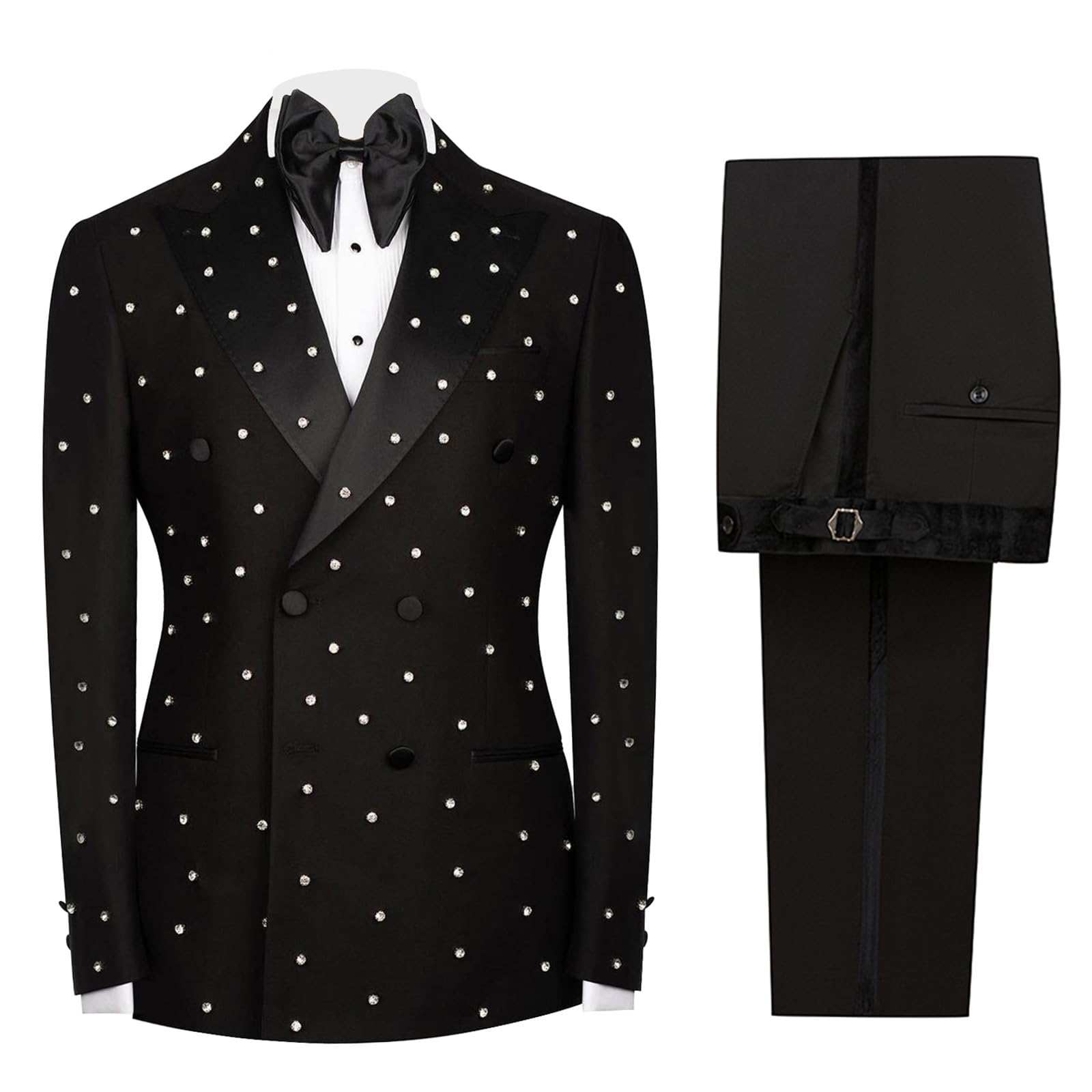 Mens 2 Pieces Suit Slim Fit Double Breasted Tuxedo Blazers Pants Outfit with Handmade Crystal Rhinestone