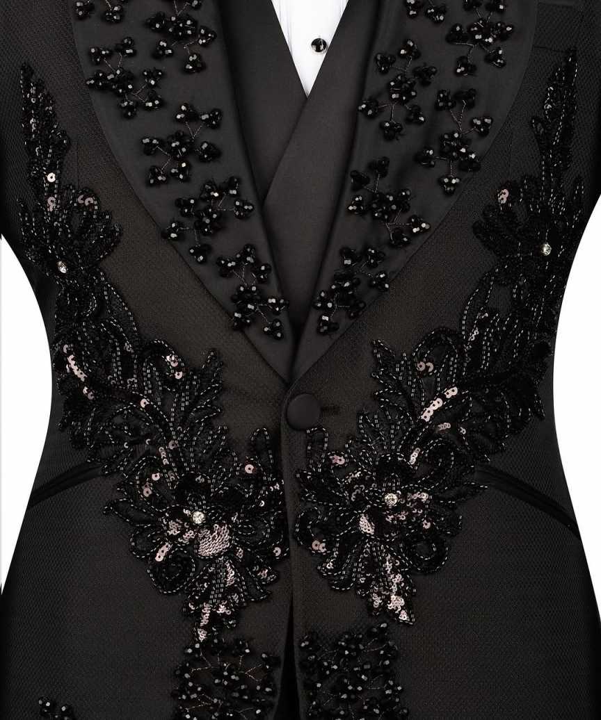 Men's Black Tuxedo with Flower Applique Beaded Tuxedo Slim Fit Shawl Lapel Blazer for Dinner Prom Wedding