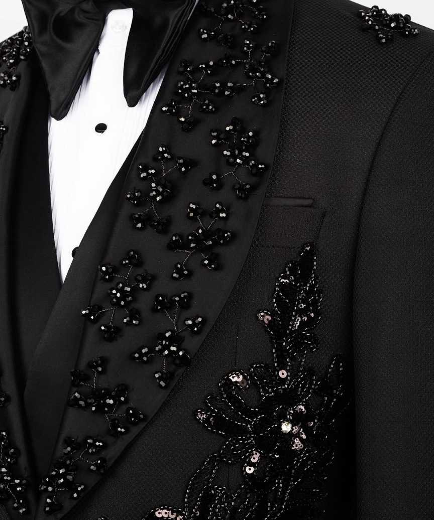 Men's Black Tuxedo with Flower Applique Beaded Tuxedo Slim Fit Shawl Lapel Blazer for Dinner Prom Wedding