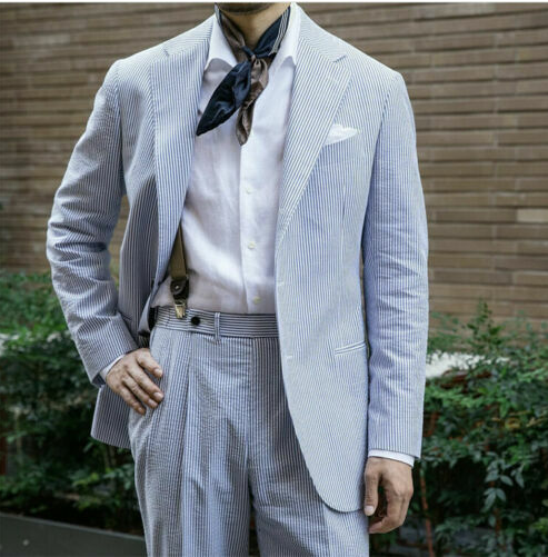 Chic Seersucker Men Suits Blue Striped Peak Lapel Casual Daily Outfits Wedding Party Business Summer Events Male Suit 2 Piece