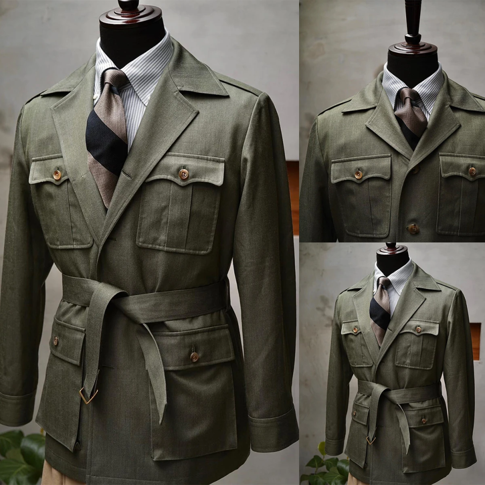 Safari Style Men's Suit Blazer Bow Collar Single Breasted Blazer Buckle Work Business Wedding Costume Homme Customized Travel