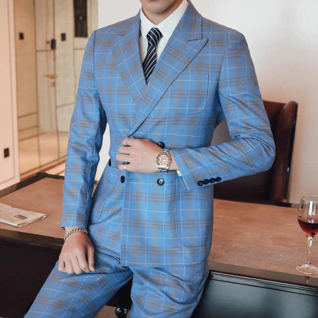 Men's Plaid Tuxedo Jacket Vest Pants 3 Piece Long Sleeve Business Wedding Double Breasted Checkered Suit Set Formal Prom