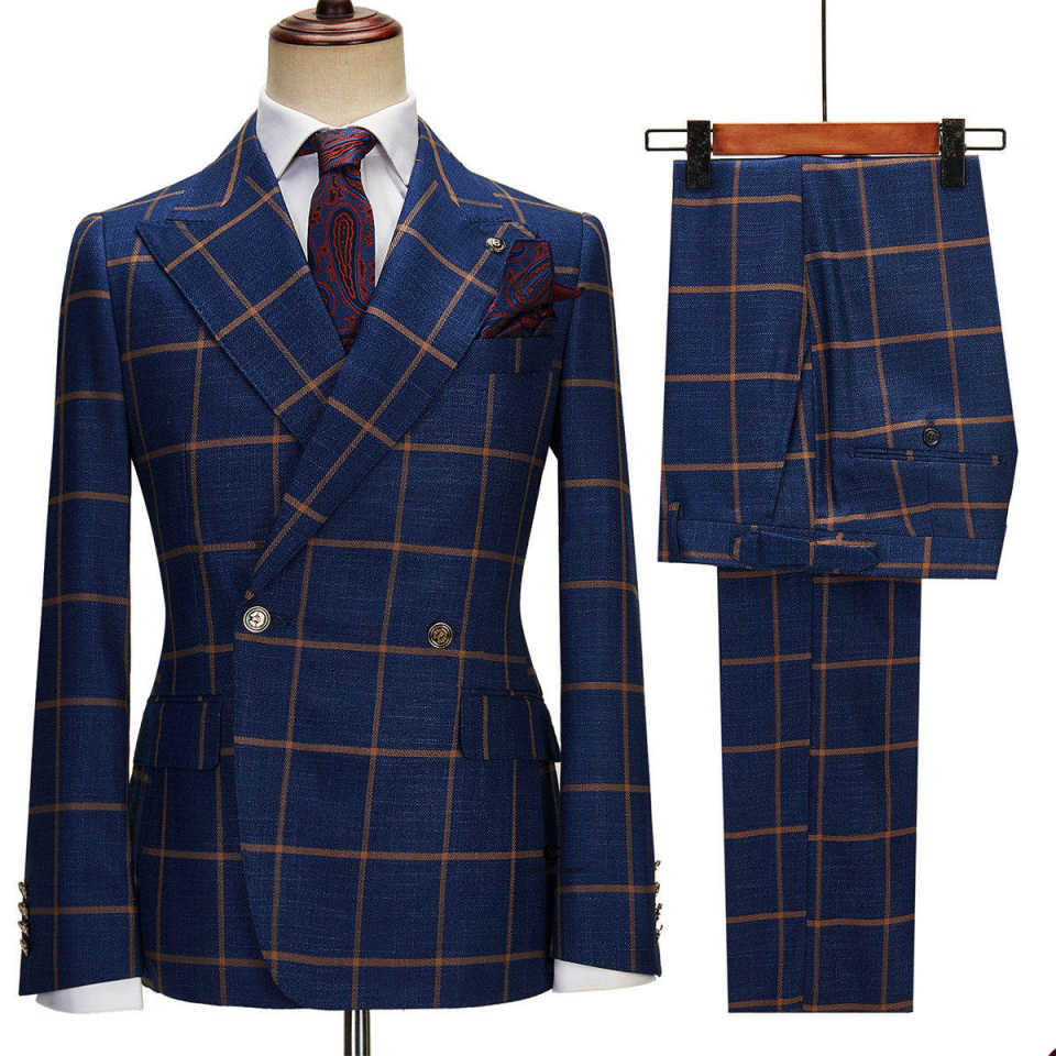 Men's Checked Blazer Peak Lapel Double Breasted Buttons Coat for Daily Business Trip