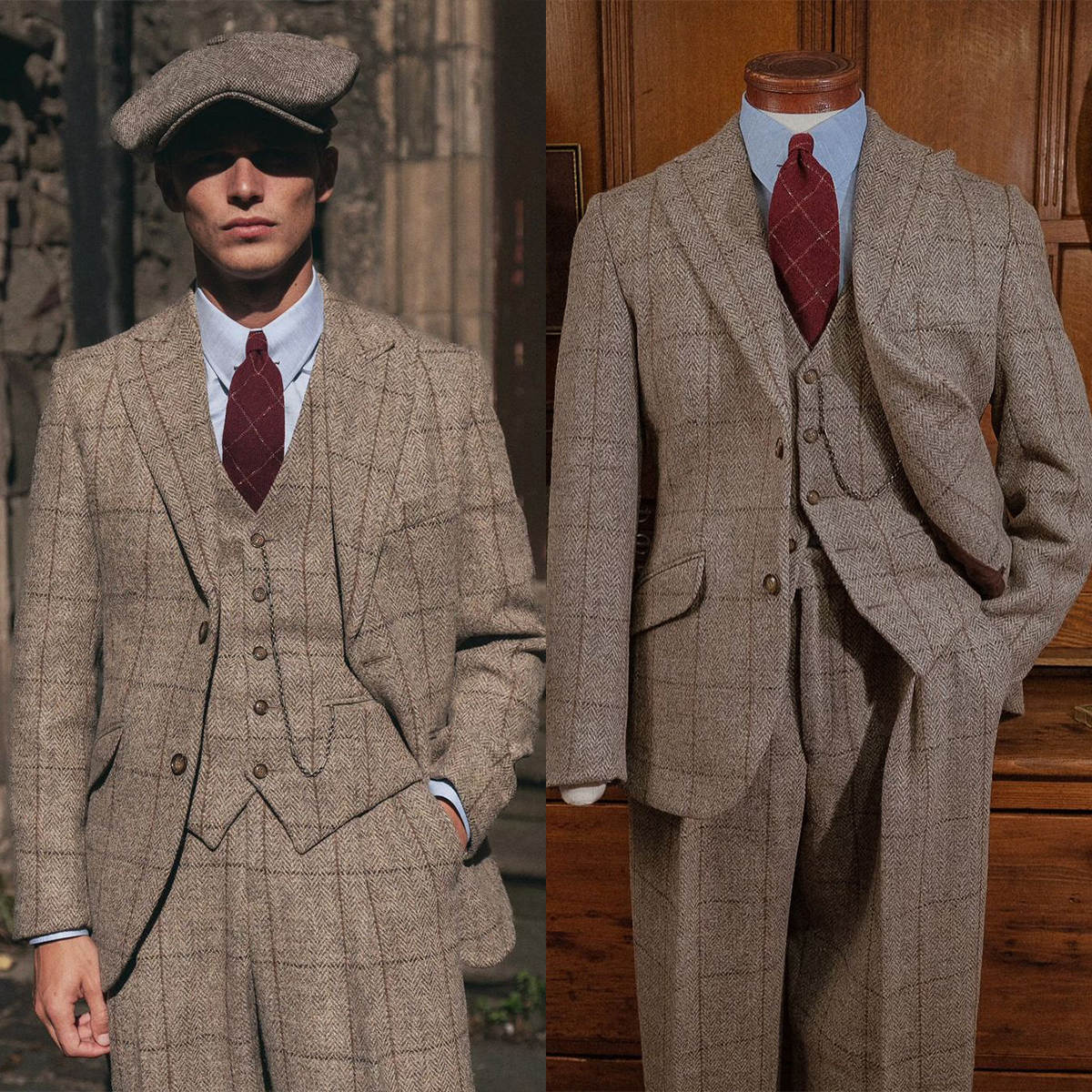 Vintage Winter Tweed Herringbone Plaid Suits for Men 3 Piece Sets Classic Fit Business Formal Pants Jacket Vest Customized