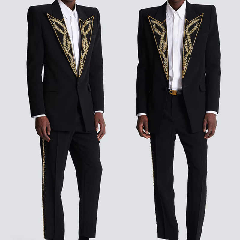Men's 2-Piece Black Tuxedo Suit, Peak Lapel Symmetric Gold Wheat Embroidery, Slim Blazer & Trousers With Side Gold Stitch For Wedding Stage Banquet