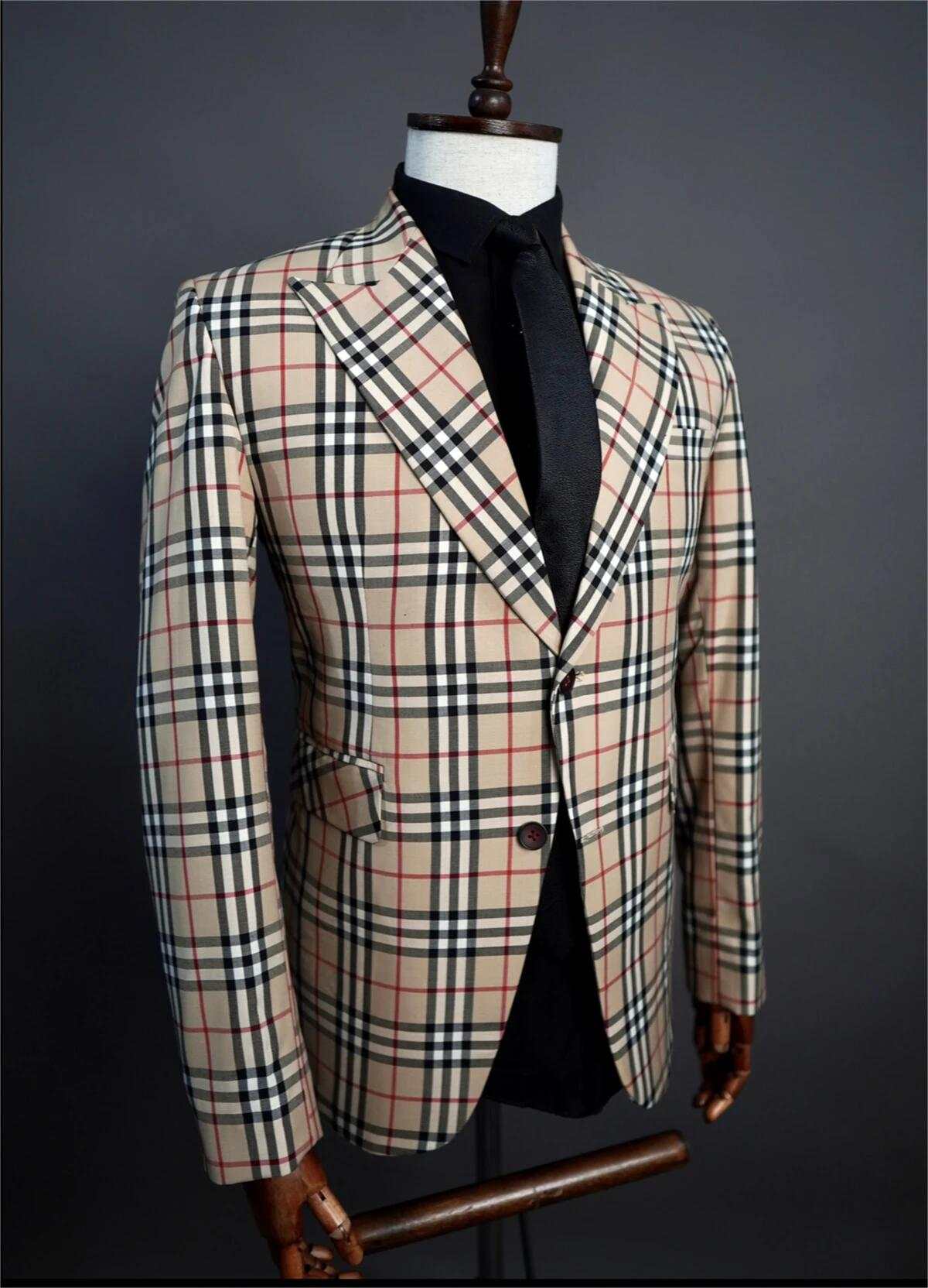 Men Vintage Plaid Blazer Classic British Check Suit Jacket Slim Fit Casual Formal Sport Coat