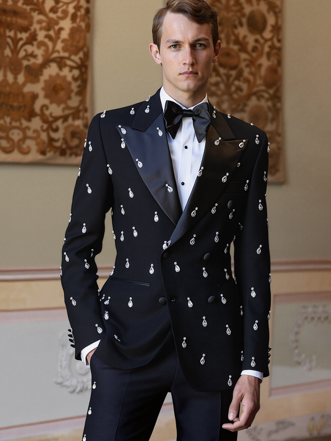 Black Crystals Men Suits Set 2 Piece Blazer+Pant Double Breasted Wedding Tuxedo Coat Customized Formal Office Jacket Trousers