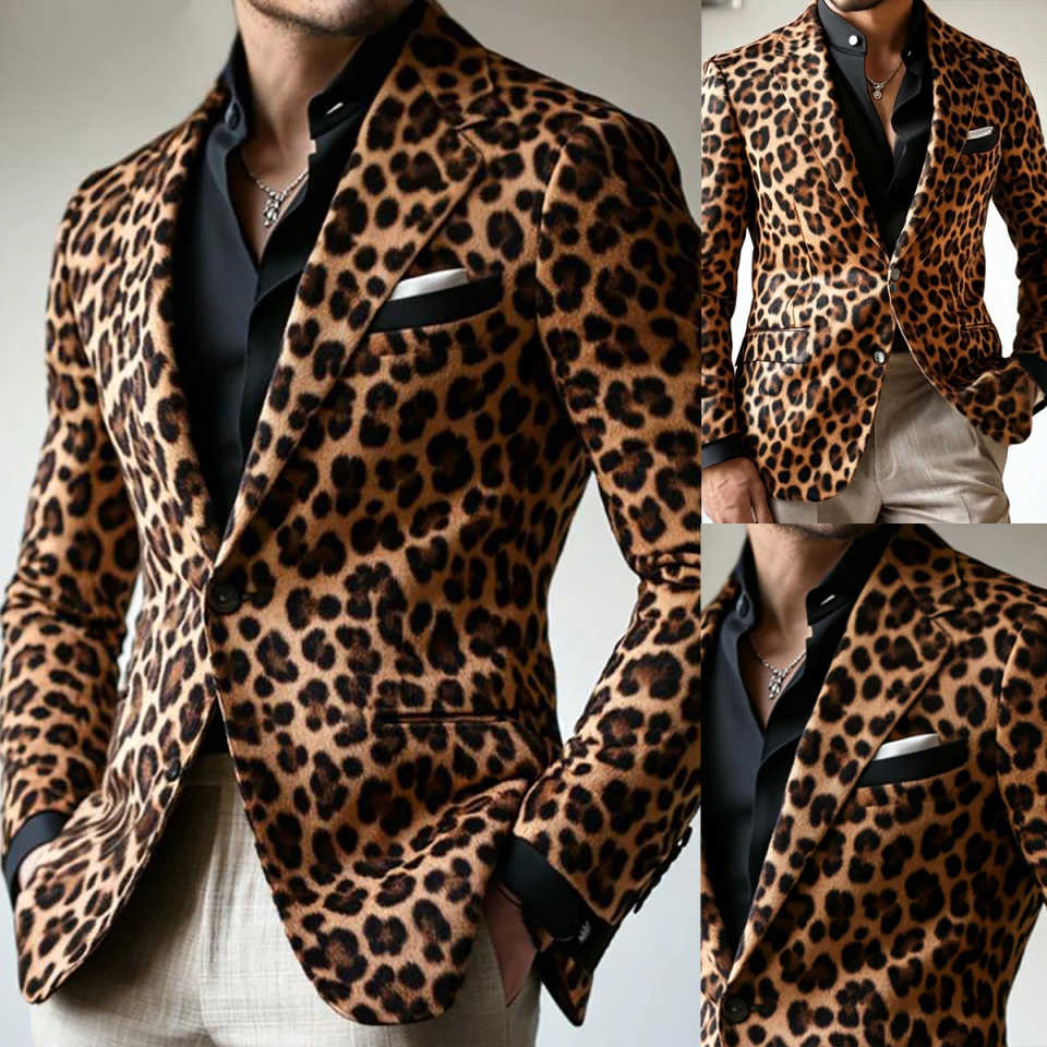 Men's Vintage Leopard Print Velvet Blazer, Notch Lapel Single Button Slim Trendy Casual Sport Coat For Street Commute