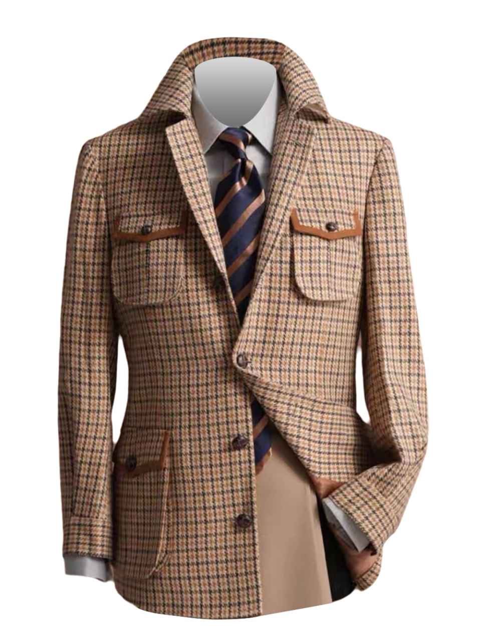 Men's Tweed Sports Blazers Houndstooth Norfolk Jacket Slim Casual Single Breasted Jackets Vintage British Groom Coat
