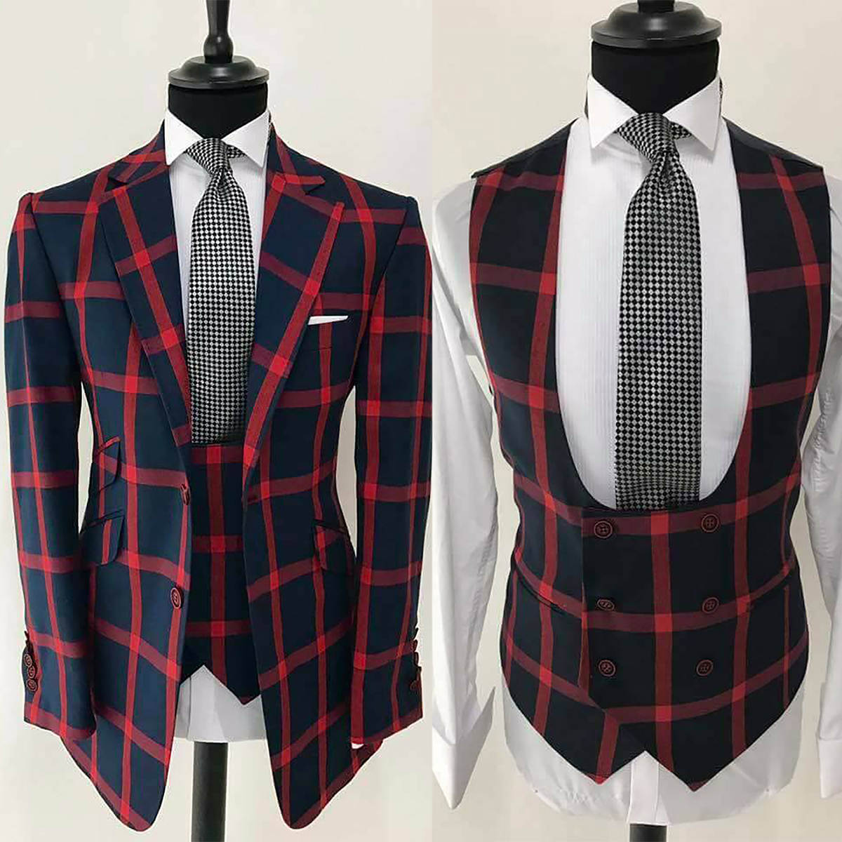 Plaid Men Wedding Suits Notched Lapel Tuxedos Slim Fit 2 Pcs Jacket Vest For Groom Business Party Prom Custom Made