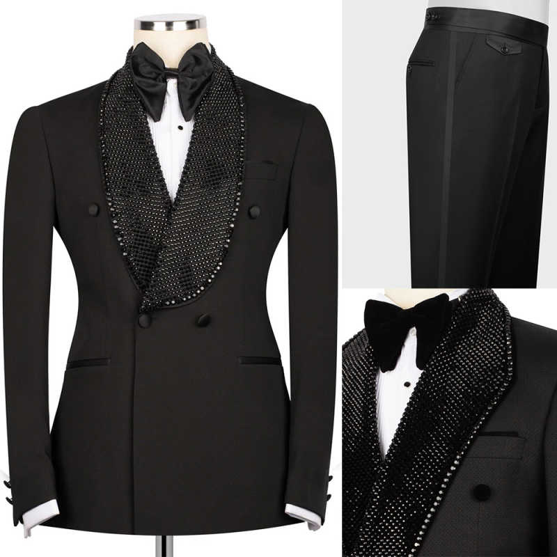 Men's Black Matte Double Breasted Tuxedo Jacket, Shawl Lapel Fully Covered Dense Black Rhinestones Slim Formal Blazer for Groom Banquet Stage Show