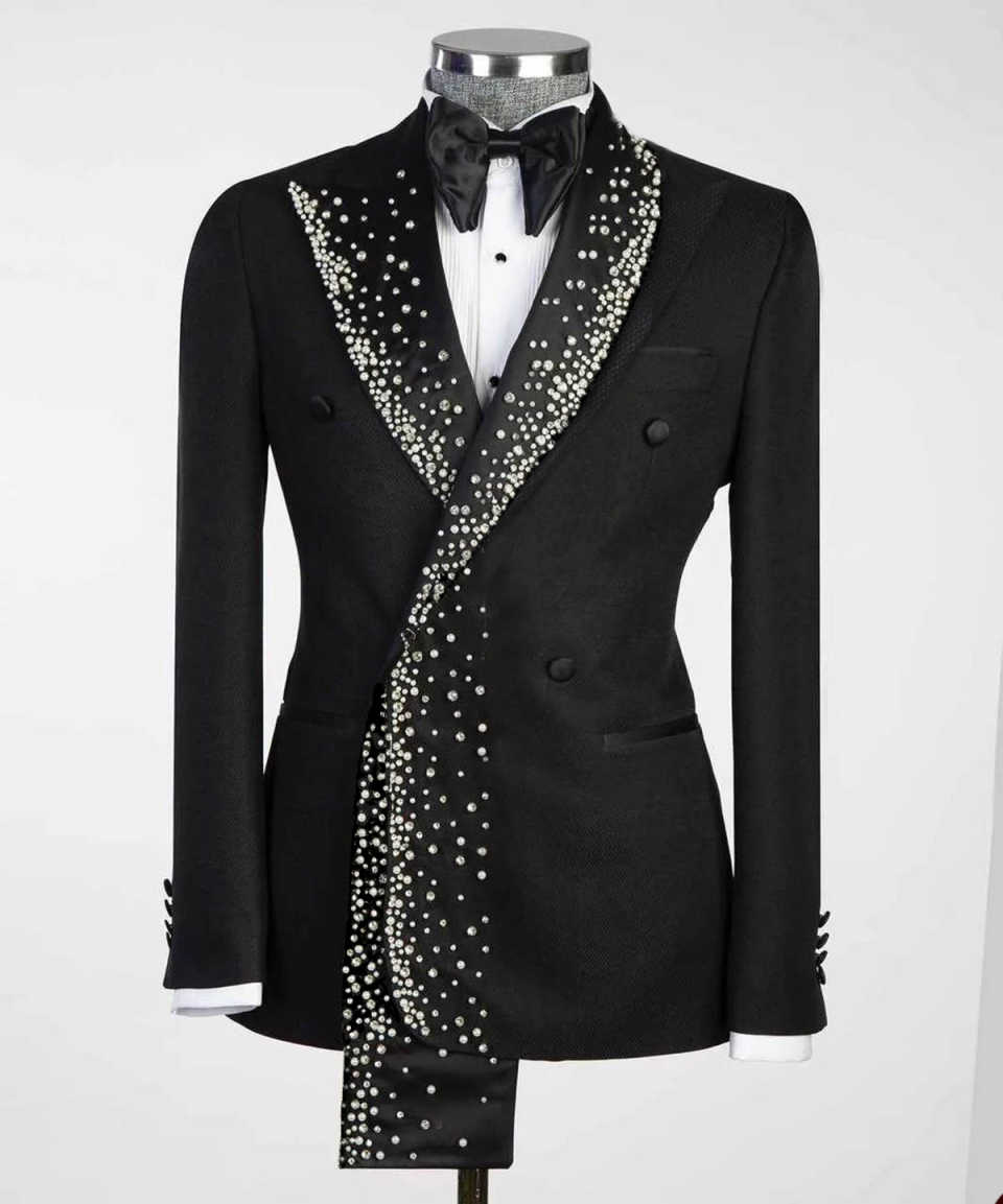 Men's Black Double Breasted Tuxedo Jacket with Gradient Waterfall Rhinestone Peak Lapel, Slim Formal Blazer for Groom Wedding Banquet Stage