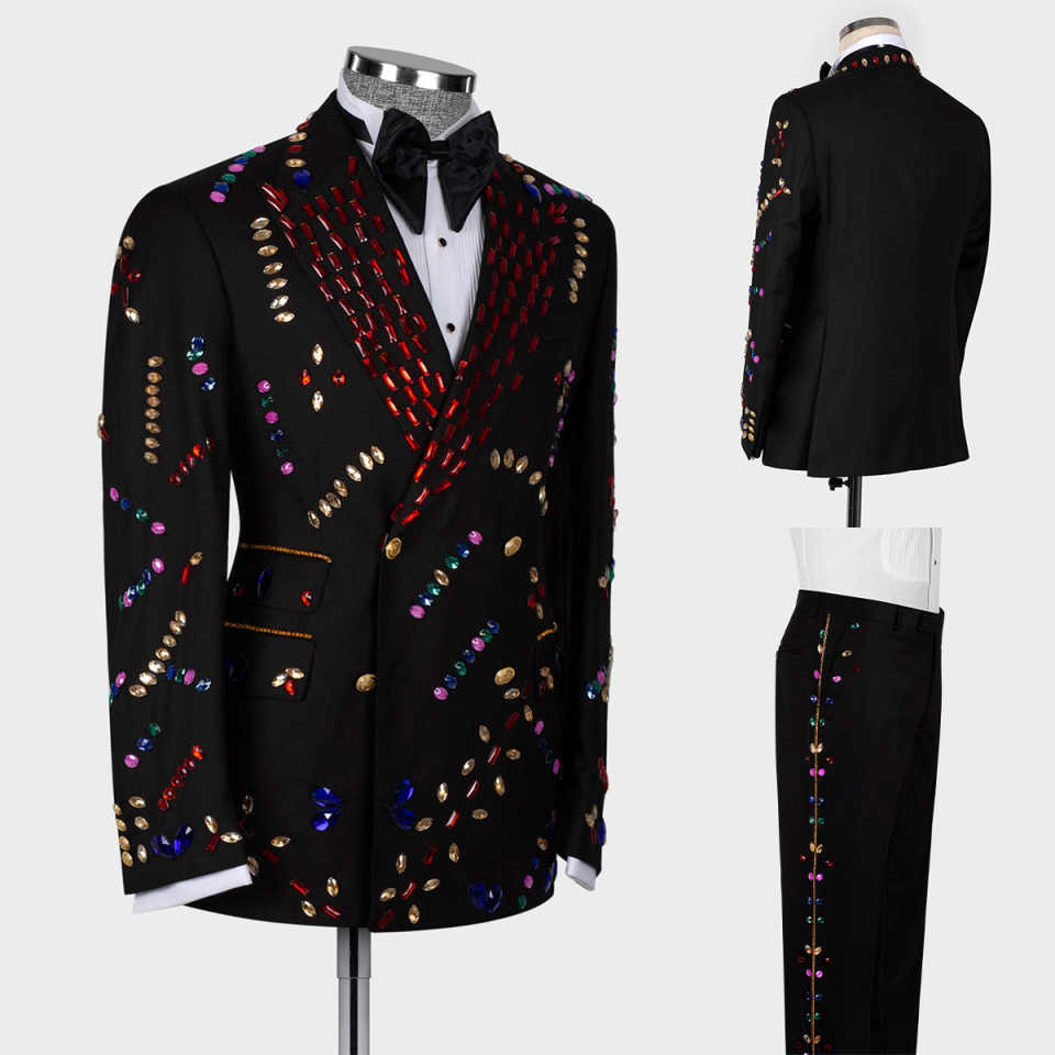 Men's Black Double Breasted Tuxedo Suit with Multi-Color Rhinestone Embellishments, Slim Formal 2-Piece Suit for Singer Stage Show Banquet