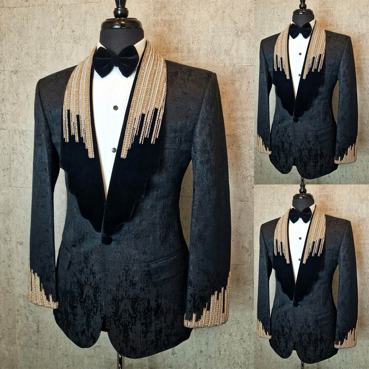 Men's Jacquard Tuxedo with Velvet Shawl Lapel & Heavy Gold Fringe Beading, Slim Fit Formal Suit for Groom Wedding Stage Hosting