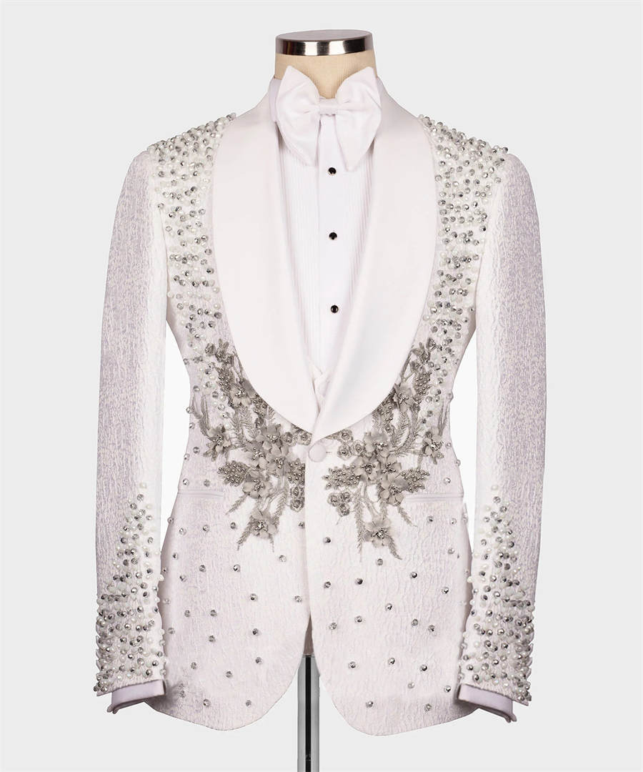 Custom Men's Tuxedo for Groom, Luxurious Beaded Appliqué Slim Fit Single-Button Suit Jacket for Wedding, Prom & Banquet