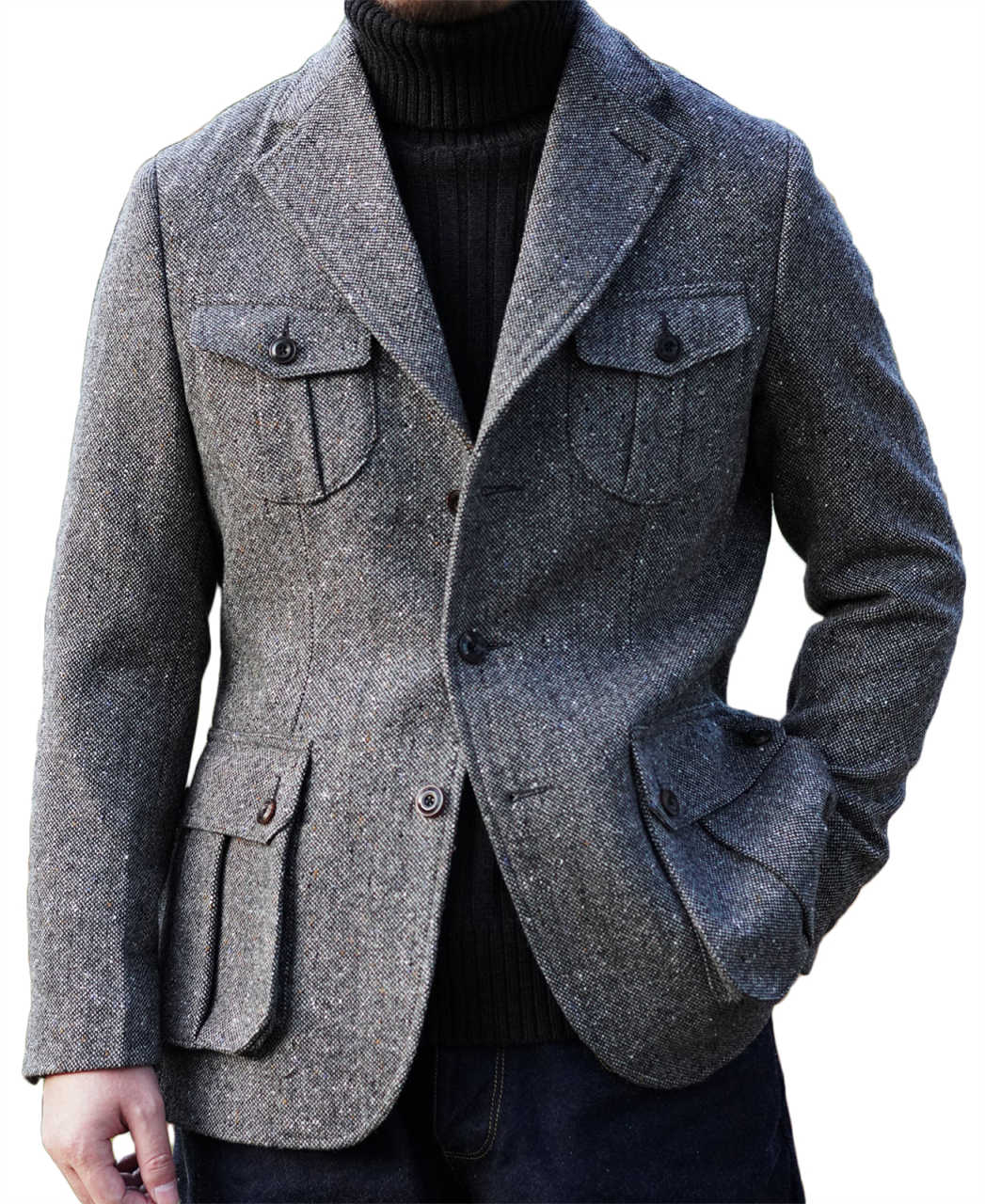 Men's Grey Speckled Tweed 3-Piece Safari Suit, Multi Cargo Pockets Notch Lapel Vintage Wool Blazer Waistcoat Trousers