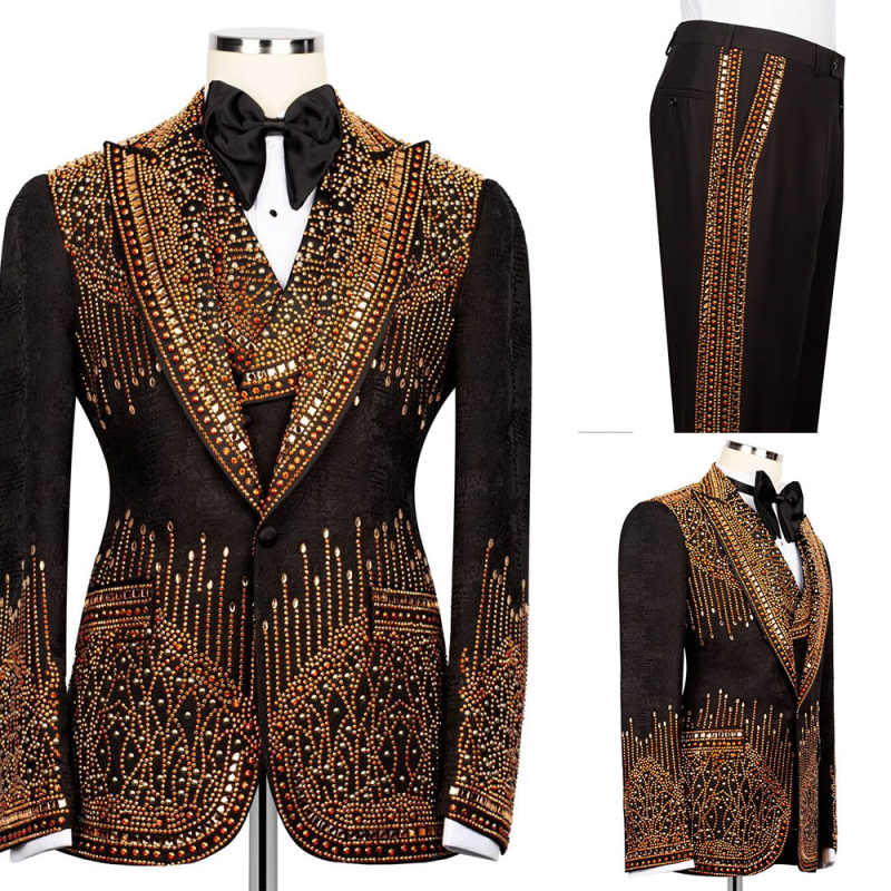 Men's 3-Piece Black Textured Tuxedo Suit, Full Body Gradient Gold Brown AB Rhinestones Shawl Lapel Matching Waistcoat & Trousers for Stage Wedding Banquet