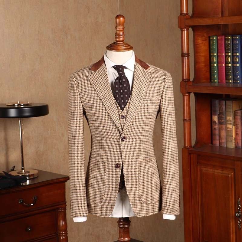 Retro 3 Piece Brown Tweed Herringbone Wedding Suits Regular Fit Blazer Vest Pants Set for Prom Dinner Business