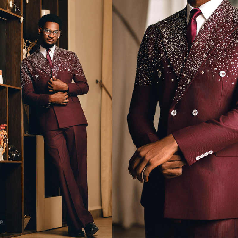 Men's Burgundy Double Breasted 2-Piece Suit with Gradient Star Rhinestones, Slim Blazer & Wide Leg Trousers for Groom Wedding Banquet