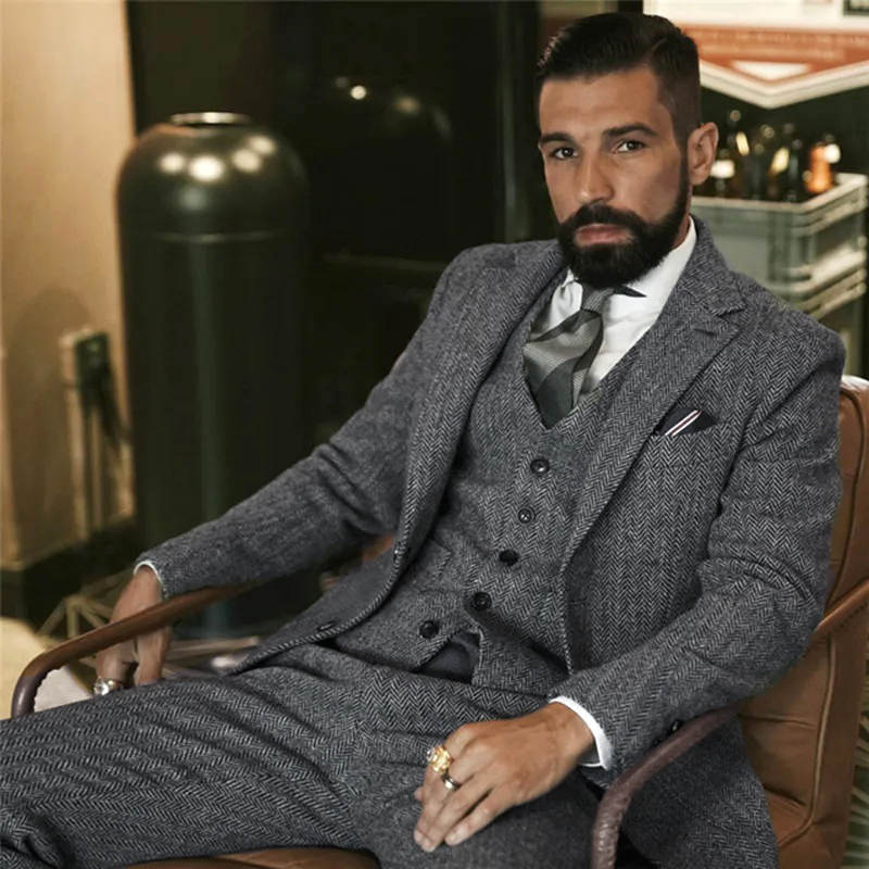Men's Vintage Herringbone Tweed 3 Piece Suit Wool Blazer Waistcoat Trousers