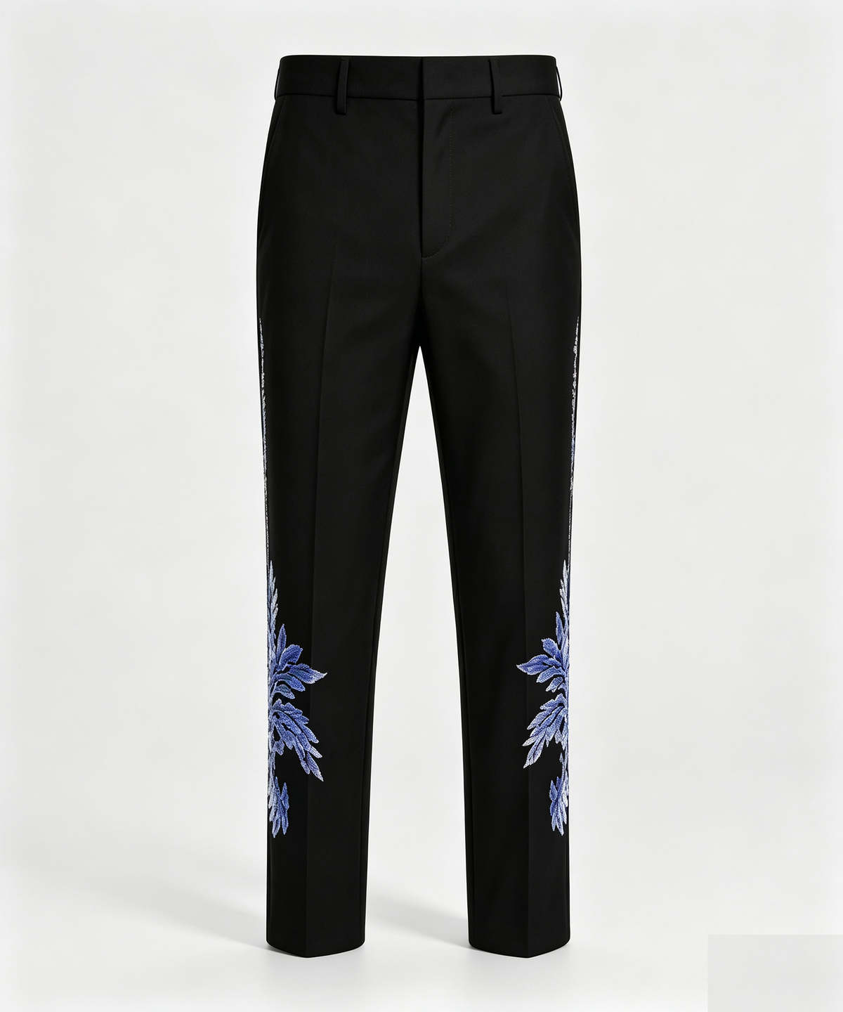 Fully customizable two‑piece men tuxedo with eye‑catching floral applique and sequin decoration. Adjust fabric, colour, size, silhouette and details for prom, wedding and grand formal occasions.