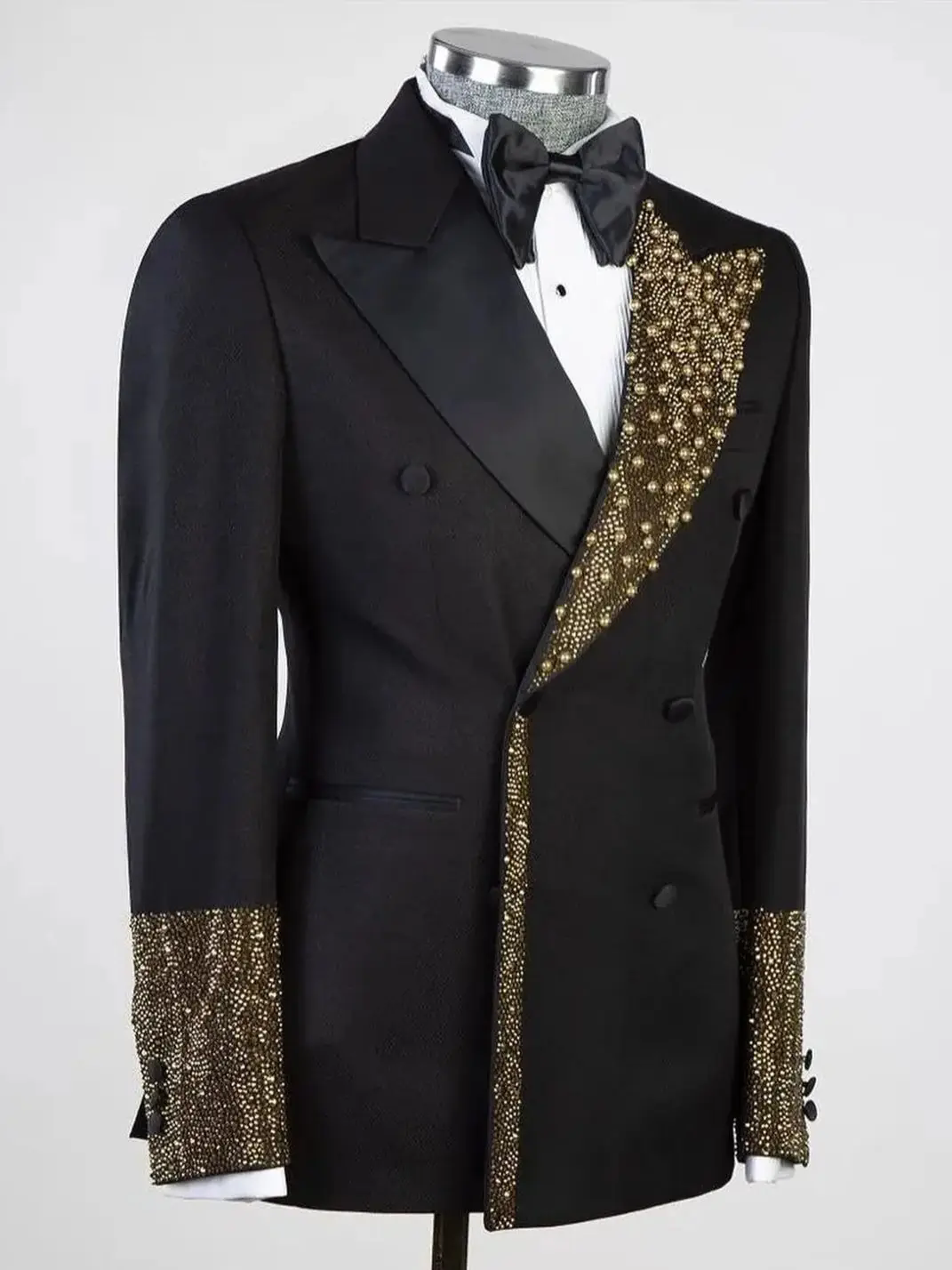 Men's Luxury Tuxedo Slim Fit Wedding Groom Men Black and Gold Sequin Peaked Lapel for Prom Party Dinner