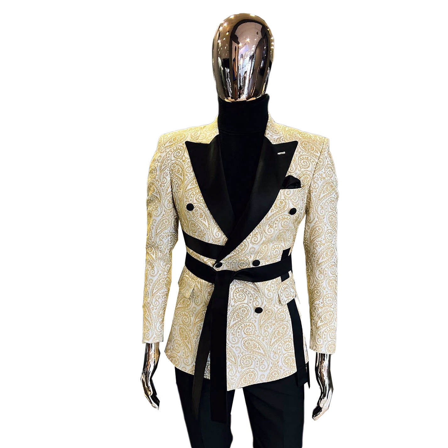 Men's Paisley Jacquard Double Breasted Tuxedo Velvet Lapel Waist Sash Party Suit Jacket