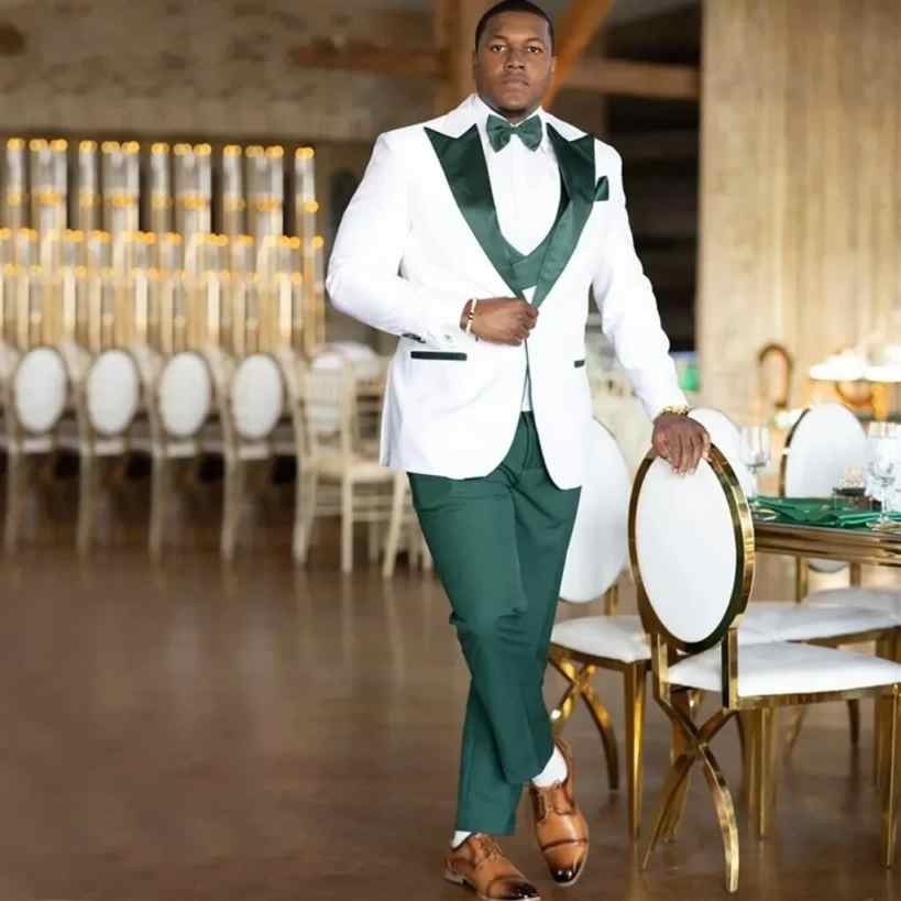 Men White Green Peak Lapel Tuxedo Suit Two Pieces Groom Wedding Suit Green Pants Bow Tie Formal Outfit