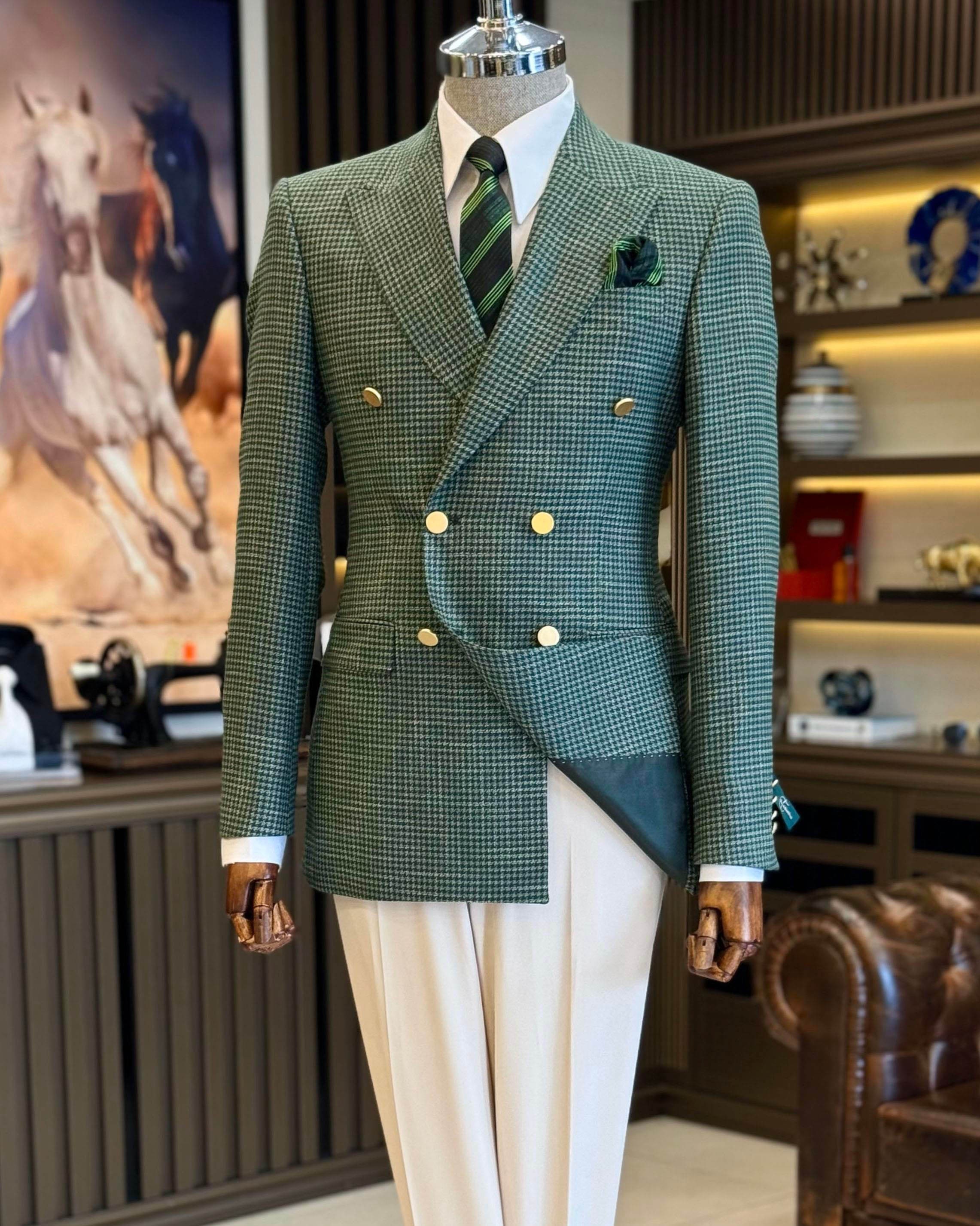 Men's Green Mini Houndstooth Wool Double Breasted Blazer, Peak Lapel Vintage British Sport Coat with Gold Metal Buttons