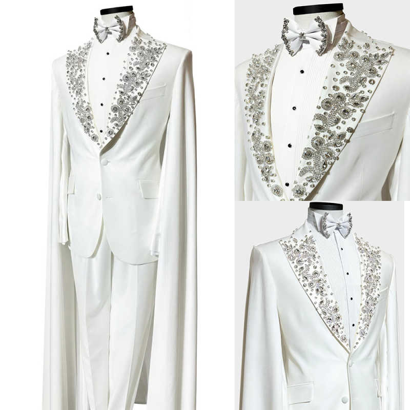 Men's 2-Piece White Cape Tuxedo Suit, Deep V Shawl Lapel Fully Crystal Rhinestones Flowing Long Cloak For Wedding Singer Stage Performance