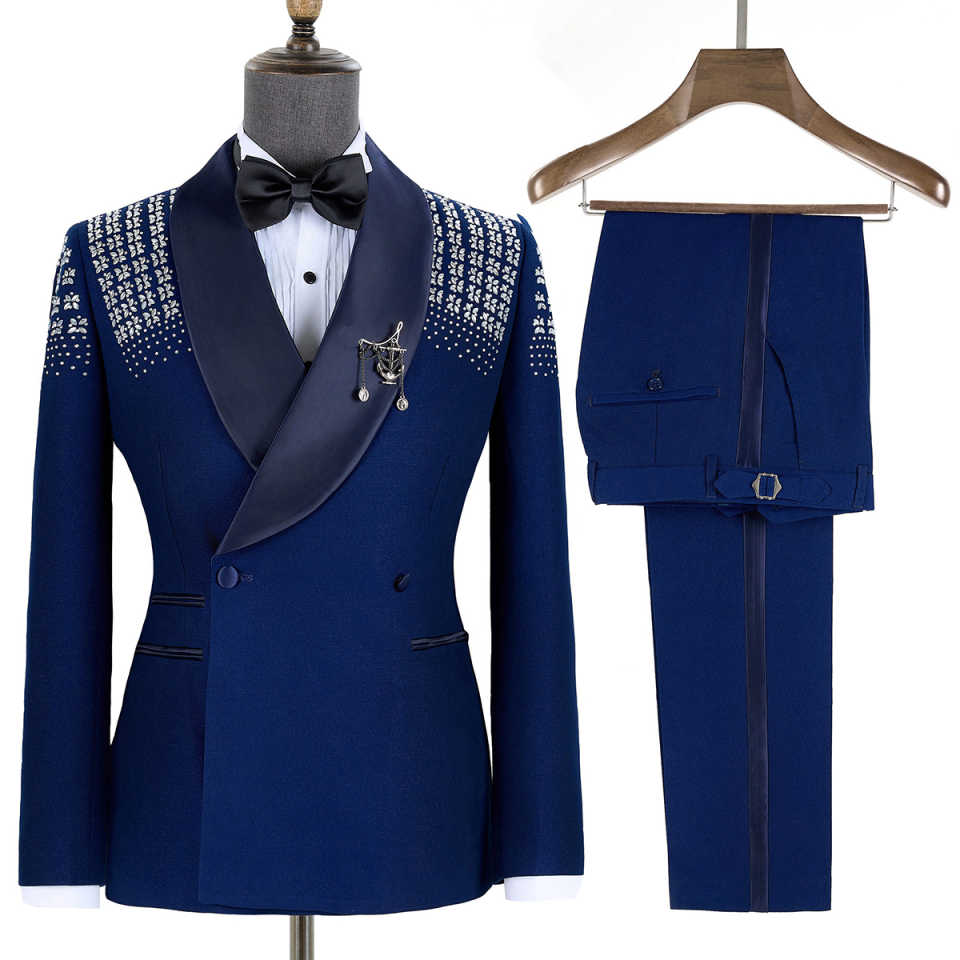 2 Pieces Men Tuxedo Suit with Rhinestones Shawl Lapel Blazer Slim Jacket Pants Set for Wedding,Prom,Party,Dinner