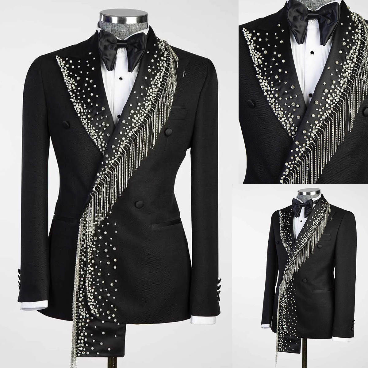 Men's Black Double Breasted Tuxedo with Handmade Rhinestone Fringe Lapel, Slim Formal Suit for Groom Wedding Stage Hosting