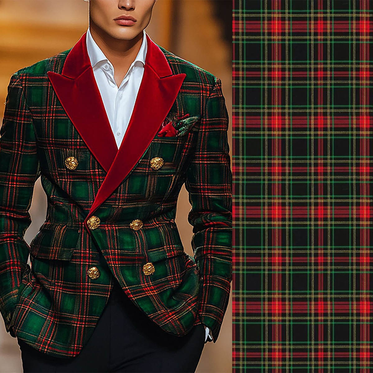 Men's Vintage Green Red Tartan Double Breasted Blazer, Red Velvet Peak Lapel Gold Buttons Formal Jacket for Banquet Holiday