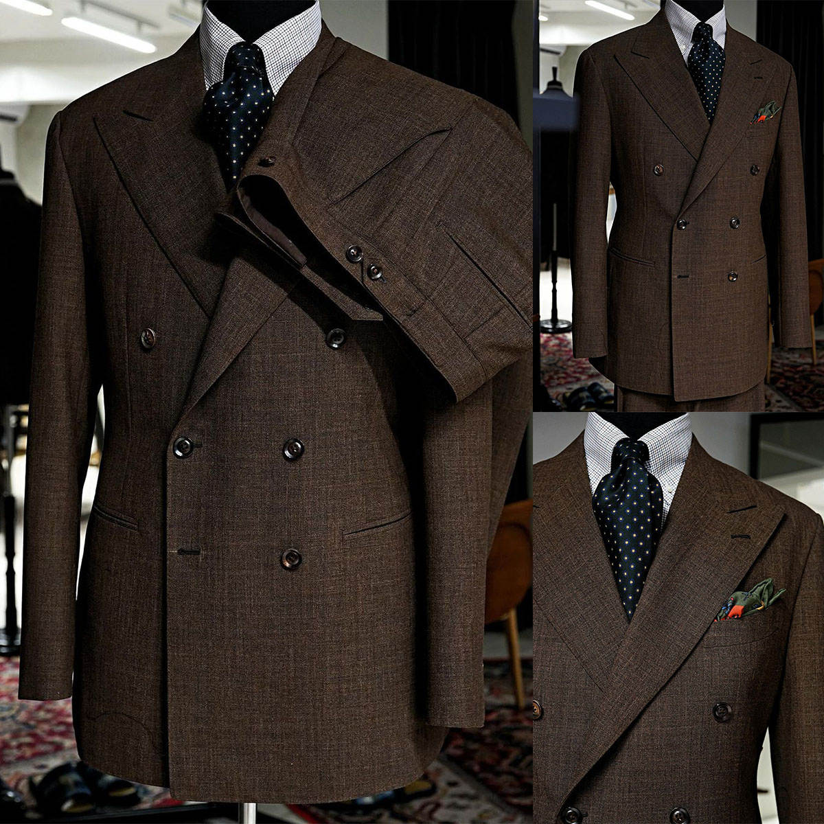 Men's Dark Brown Wool Double Breasted Suit 2-Piece, Peak Lapel Slim Fit Vintage British Business Blazer & Trousers
