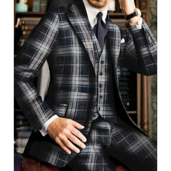 Men's Vintage Plaid Wool 3 Piece Suit, Tweed Blazer Vest Pants Wedding Formal Suit