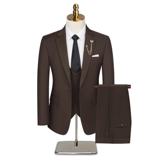 Men's Classic Brown Three Pieces Suit Jacket Waistcoat Trousers Formal Wedding Business Suit