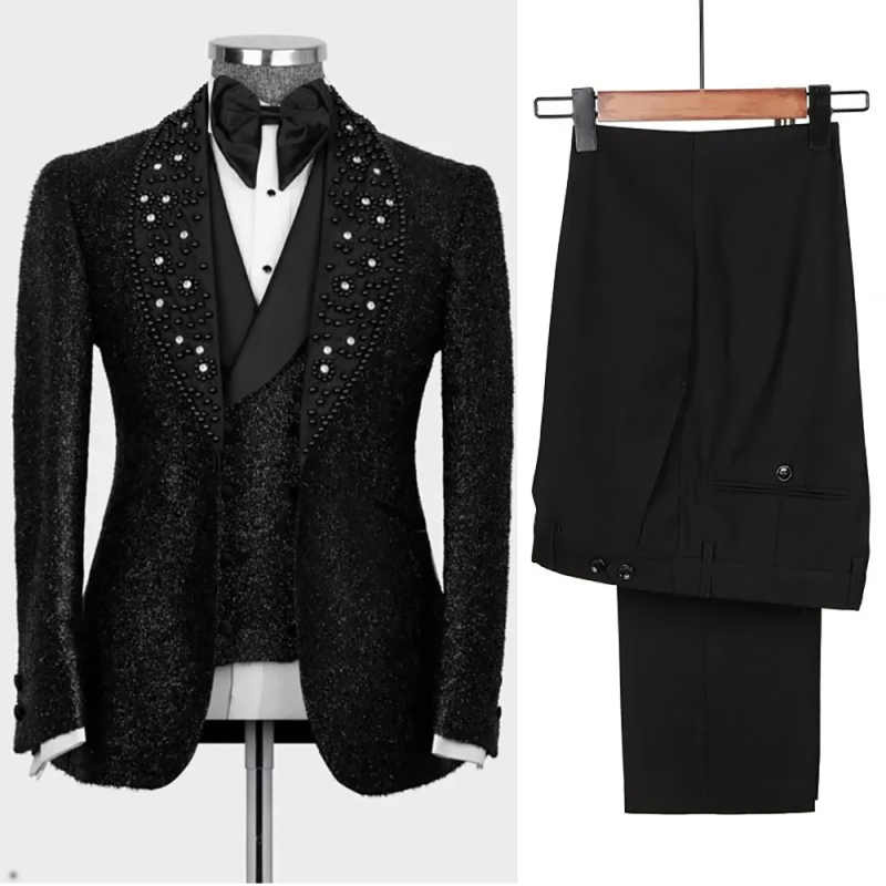 Men's Black Glitter Tweed Tuxedo, Velvet Shawl Lapel with Gradient Black & White Beads, Slim Formal Blazer & Waistcoat for Wedding Stage Show