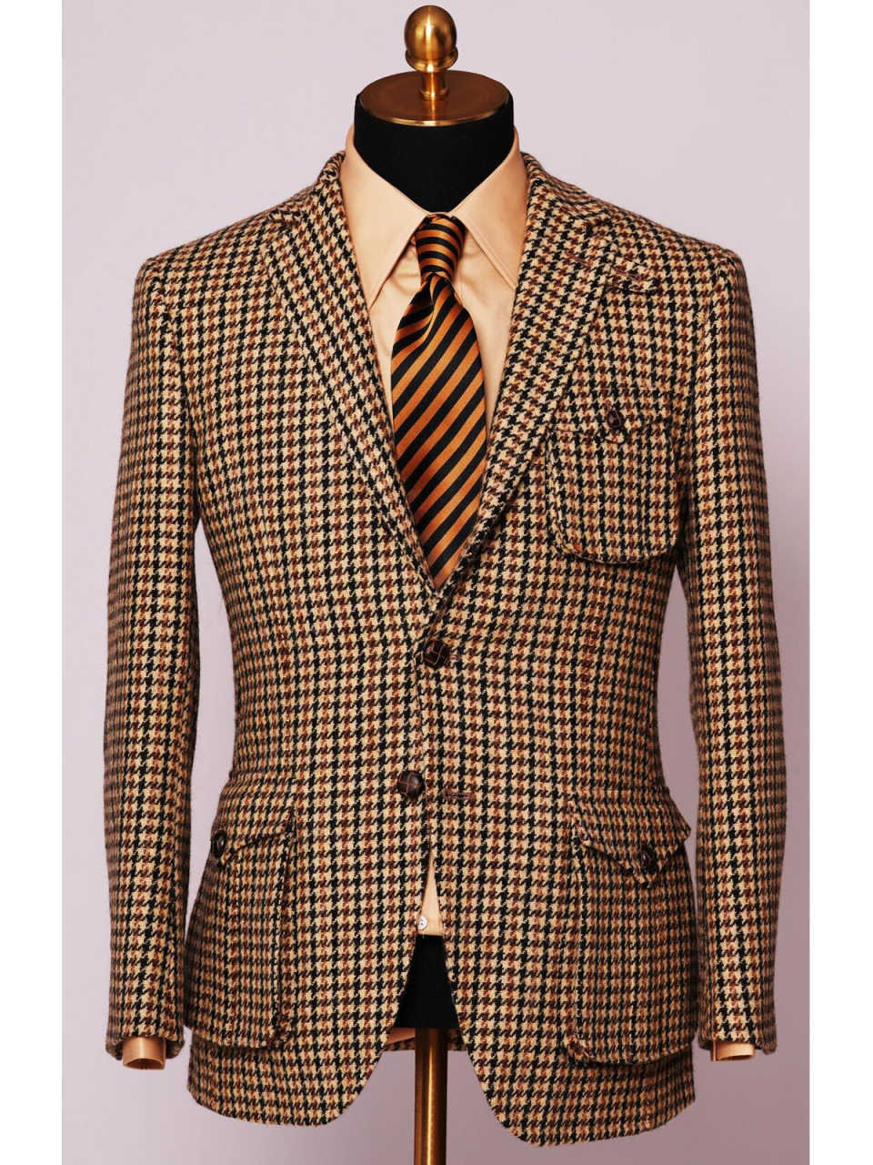 Men's Vintage Brown Houndstooth Tweed Single Breasted Blazer, Notch Lapel British Wool Casual Sport Coat for Autumn Winter