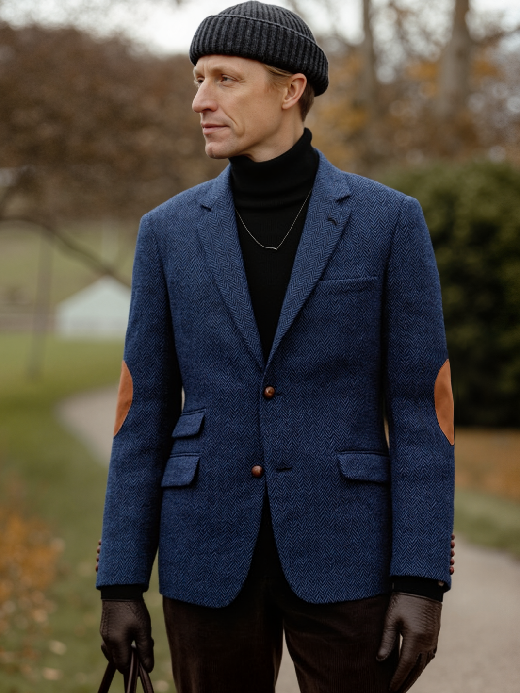 Men's Twill Soft Wool Sport Blazer, Vintage British Norfolk Jacket with Herringbone Notched Lapels & Elbow Patches, Wool Blend Fabric
