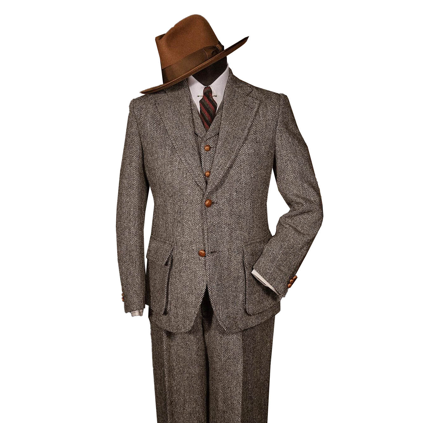 Men's Vintage Grey Herringbone Tweed 3 Piece Suit Wood Buttons Wide Notch Lapel