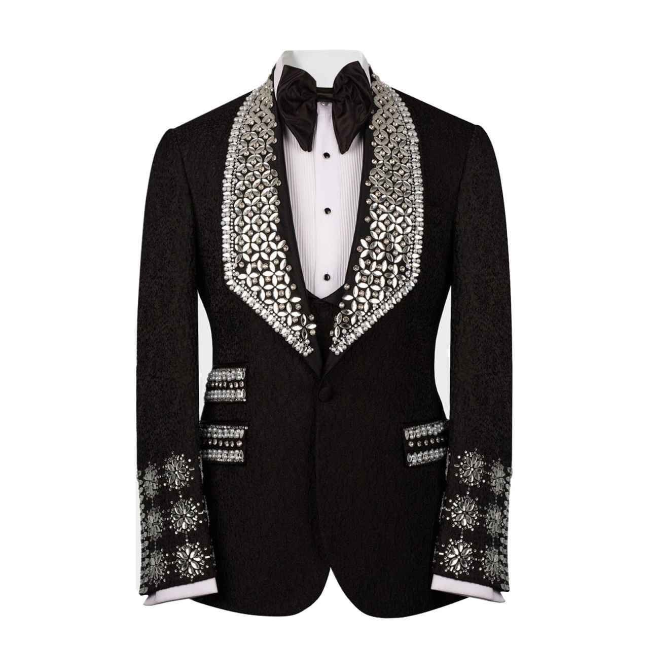 Slim Jacquard Tuxedo Jacket with Handcrafted Rhinestone, Formal Wedding & Prom Suit