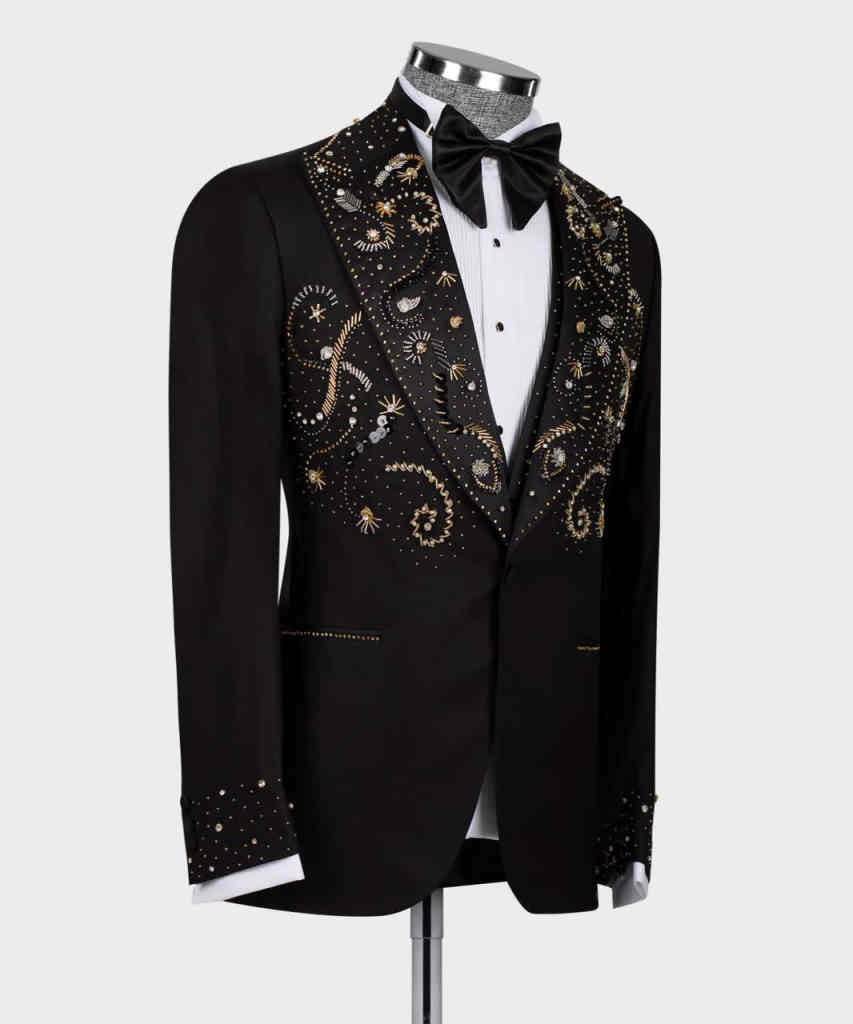 Men's 3-Piece Black Tuxedo Suit, Shawl Lapel Handmade Gold Silver Paisley Rhinestone Embroidery, Slim Formal Blazer Waistcoat for Groom Stage Banquet