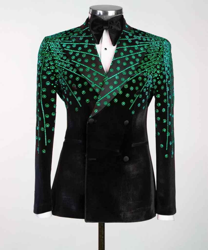 Men Suits Wedding Tailor-Made One Piece Peaked Lapel Double Breasted Beaded Velvet Blazer Groom Work Wear Customized Only Jacket